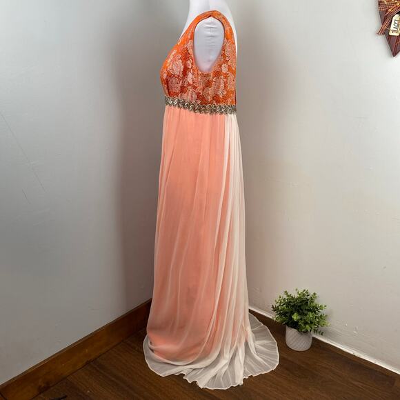 Vintage 60s Orange Empire Waist Sleeveless Chiffon Maxi Gown - Picture 8 of 12
